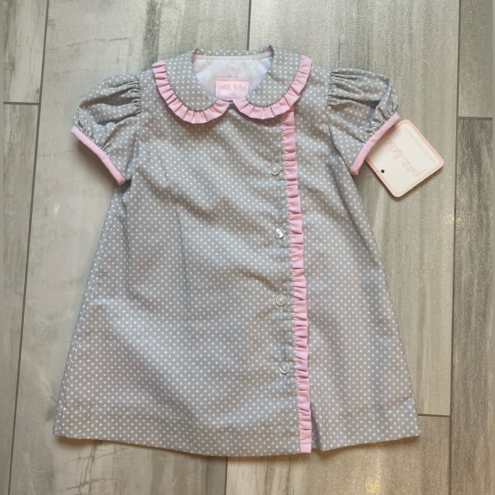 NWT Petit Bebe Classic Gray Polka Dot Float Dress with Pink Check Ruffle 12M